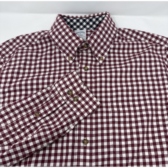 Brooks Brothers Men's Burgundy White Gingham Check Button Down Shirt Medium - Picture 1 of 5